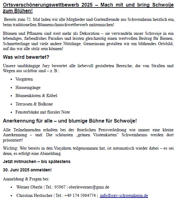 Ortsverschönerungswettbewerb 2025 Schweinheim